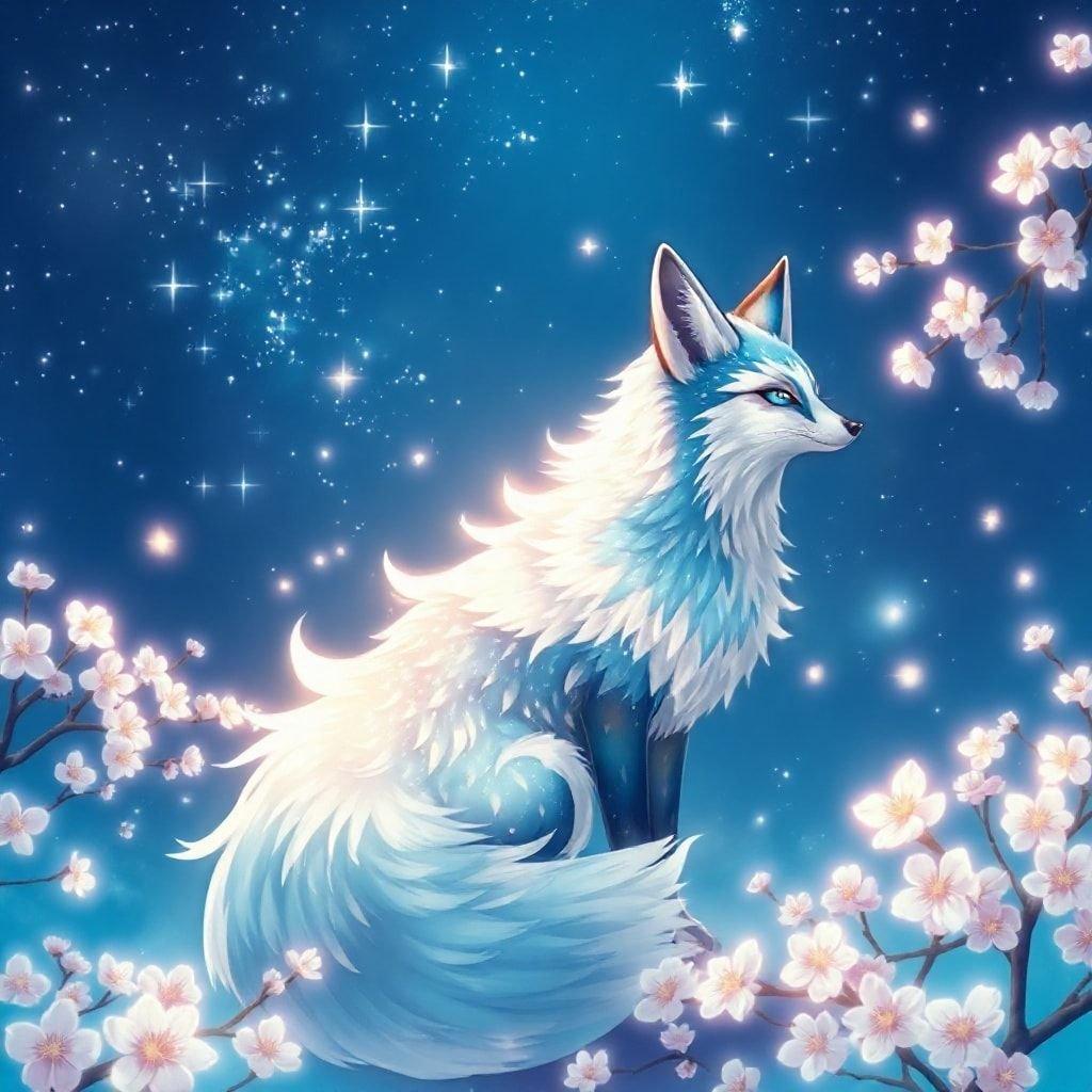 A dreamy anime illustration of a fox surrounded by starlight and cherry blossoms, set against a deep blue background.