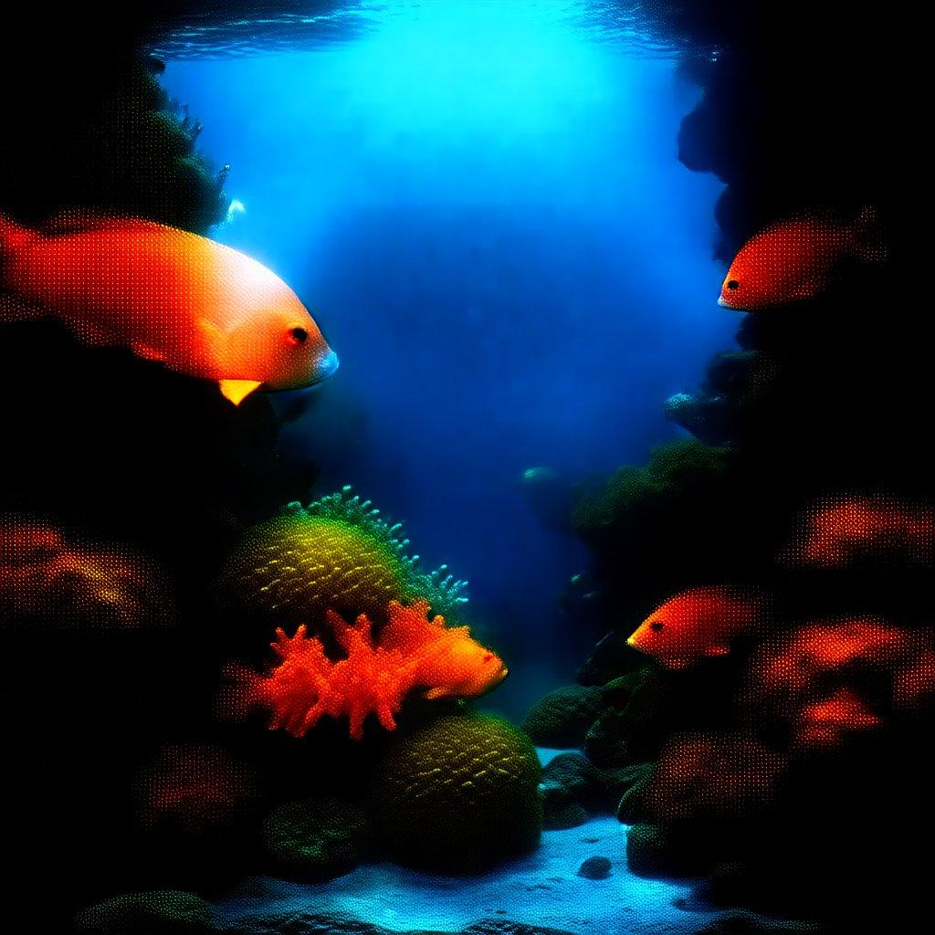 An eye-catching underwater 3D art scene that captures the beauty of marine life. A school of vibrant red fish swims among coral and seaweed, creating a mesmerizing display of nature's splendor.