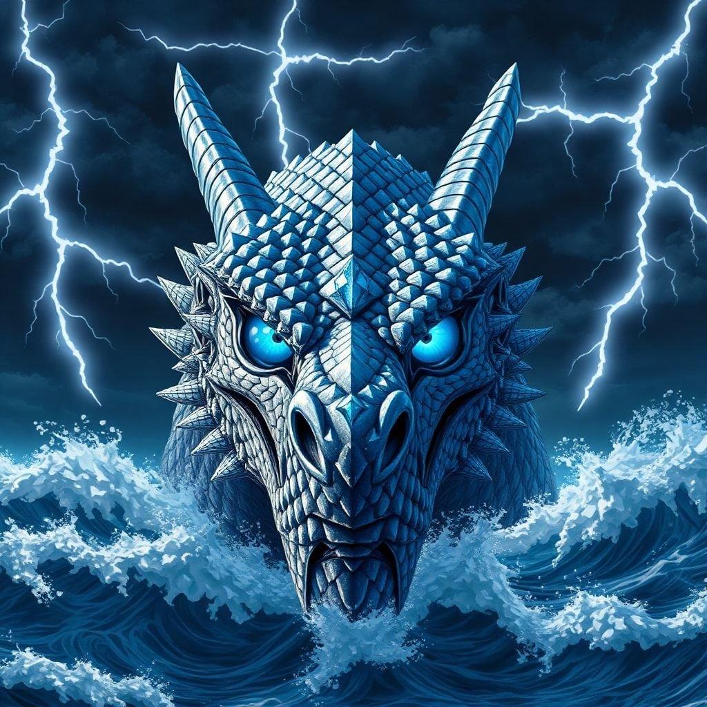 A majestic dragon's head emerges from the ocean, its scales shimmering like diamonds, as lightning illuminates the stormy sky.