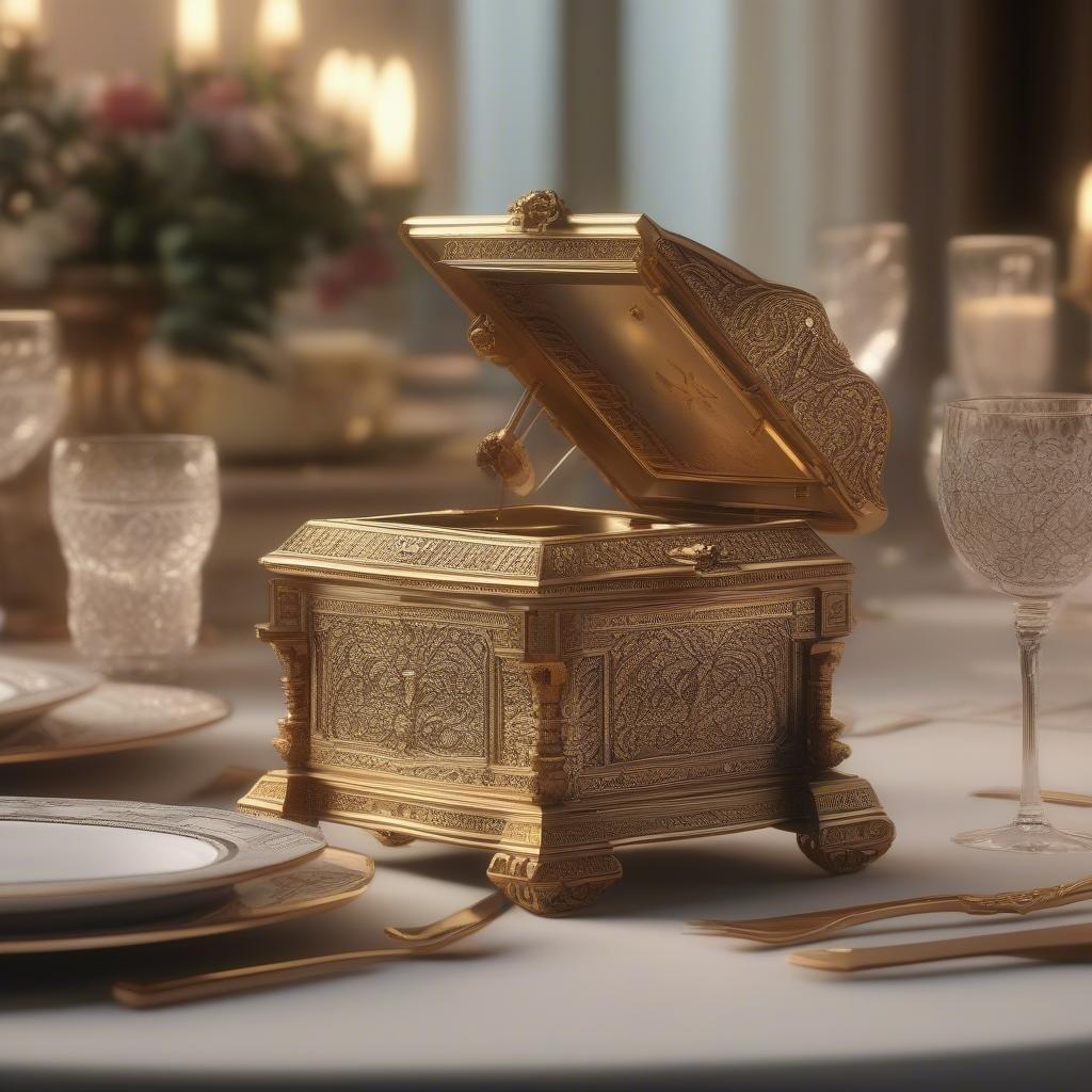 The scene captures an opulent dinner setting, with a table adorned in gold and white. The centerpiece is a magnificently crafted antique gold jewel box, standing on its side to reveal the intricate designs inside.