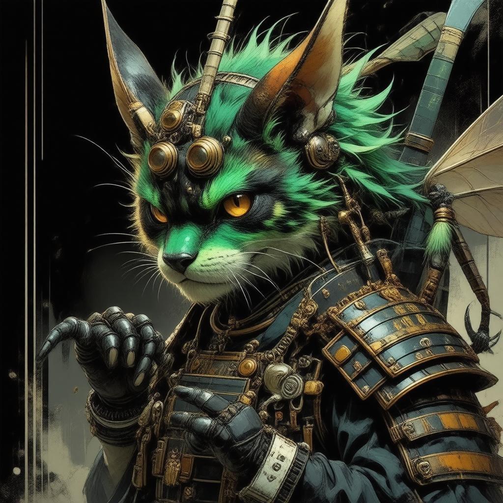 Get ready to immerse yourself in a world of fantasy and adventure with this stunning steampunk samurai wallpaper. The detailed digital illustration brings to life a futuristic samurai with vibrant green and brown fur, set against a dark background that adds depth and mystery. The sharp claws of the wasps grip the viewer's gaze, while intricate patterns and designs add a touch of elegance and sophistication. This wallpaper is perfect for fans of anime and steampunk, offering a unique and captivating visual experience that will transport you to a world of wonder and excitement.