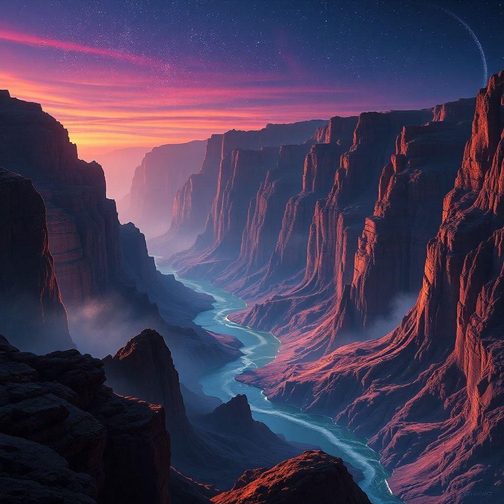 Stunning aerial view capturing the beauty and grandeur of a desert canyon at sunrise, with layers of rock formations and the flowing river below.