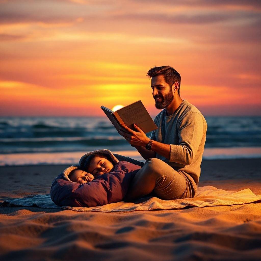 This beautiful image captures the heartwarming moment of a father reading to his child on the beach at sunset. The serene atmosphere and the tender interaction between the two create a sense of warmth and connection, making it a perfect wallpaper for Father's Day.