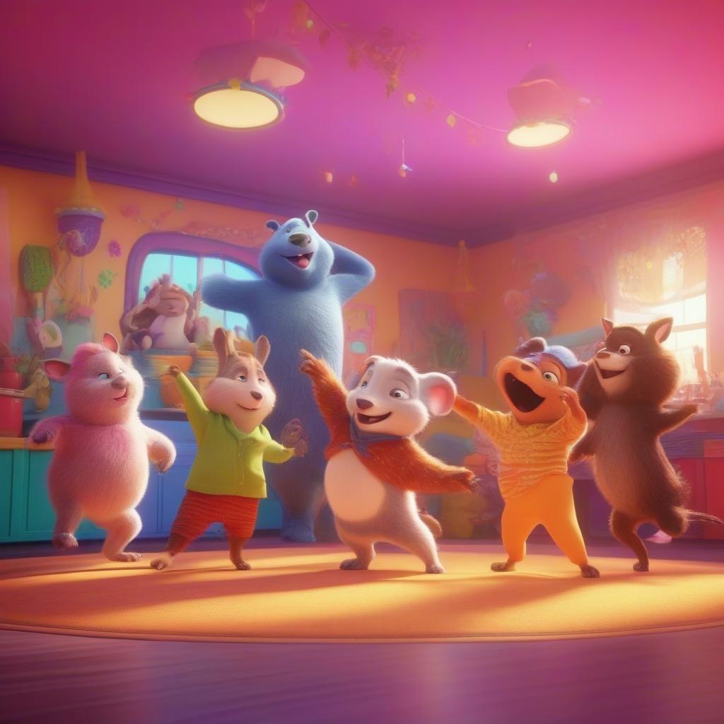 In this joyful scene from the popular animated movie, a group of anthropomorphic animals are having a lively dance party in their colorful room. The mood is jovial and fun-filled as they bop around to music only they can hear. Join them for a moment of pure delight!