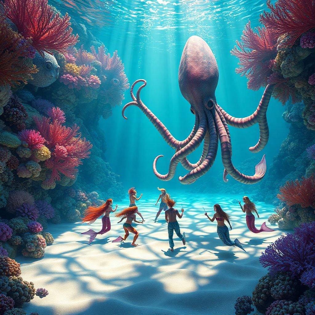 In this magical scene, mermaids are singing and dancing with an octopus amidst a vibrant coral reef. A beautiful underwater fantasy.