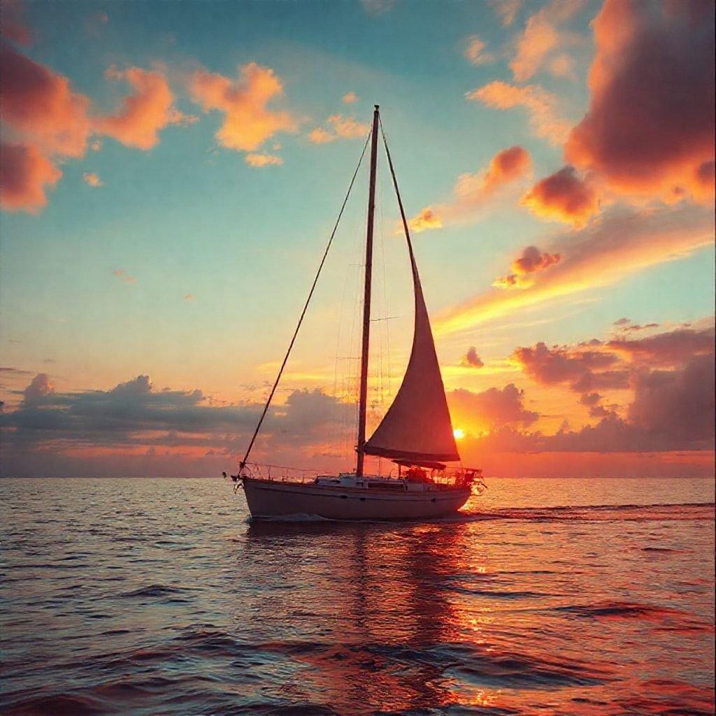 A serene scene as the sun sets over the ocean, casting a warm glow on the sailboat. The tranquility and beauty of nature captured in this image makes it an ideal wallpaper for any device.