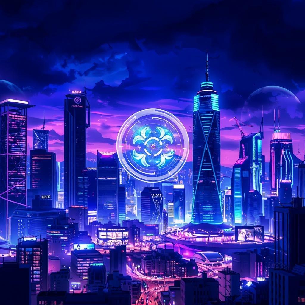 Immerse yourself in the vibrant world of anime with this stunning cityscape wallpaper. The neon-lit skyline of tall skyscrapers and bustling metropolis create a futuristic atmosphere, while the large hologram in the center adds a touch of anime flair.