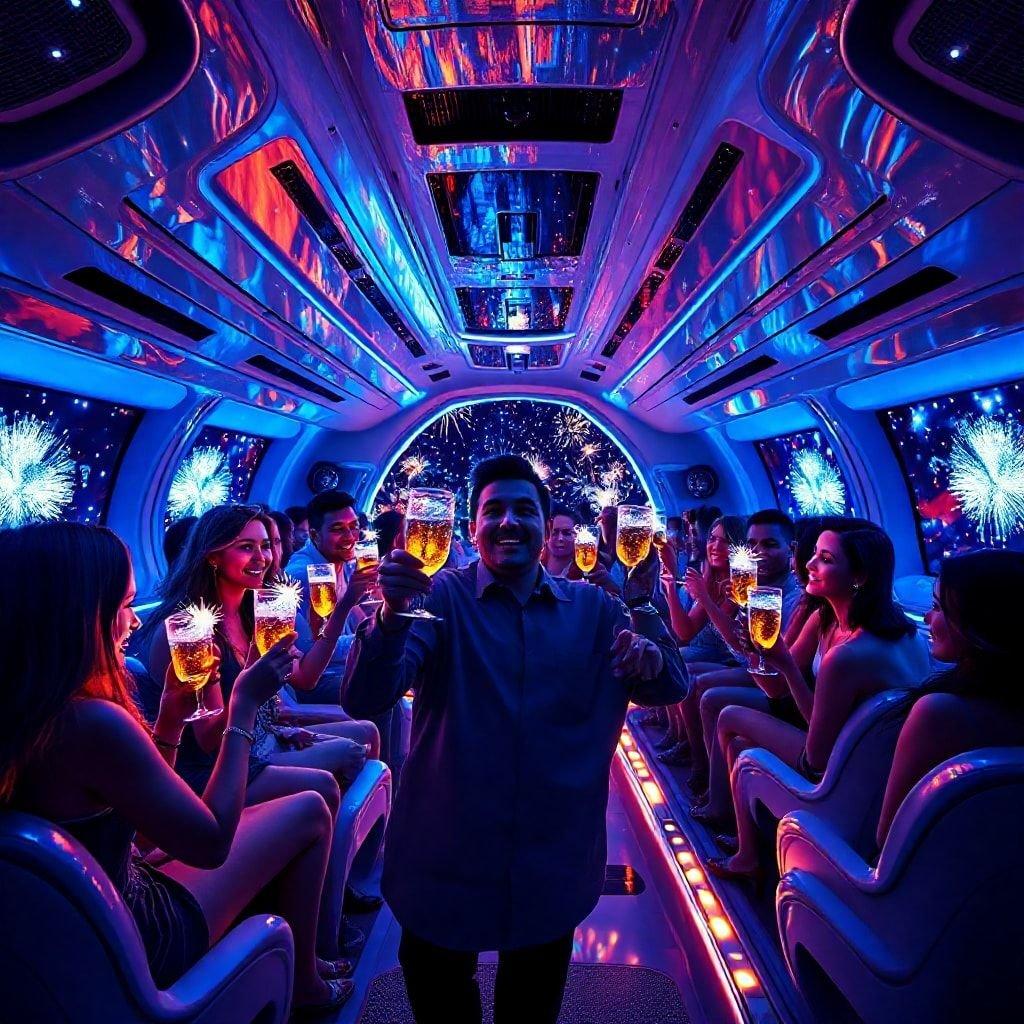 A festive celebration in a modern vehicle, with passengers holding glowing champagne glasses and joyful expressions, ushering in the New Year with style.