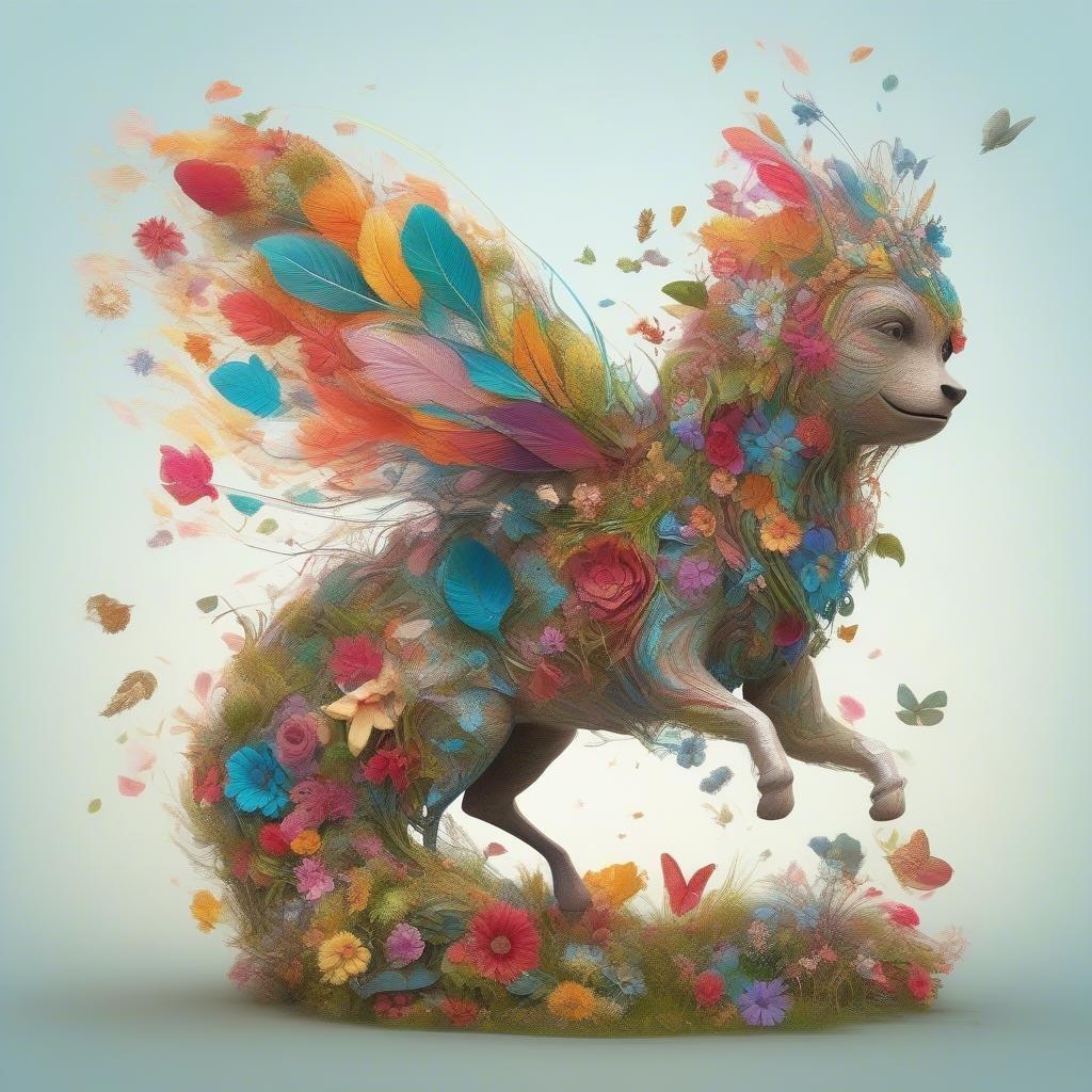 A vibrant digital art piece featuring an anthropomorphic wolf with butterfly wings, surrounded by a whirlwind of flowers and magical motifs in a pastel color palette.