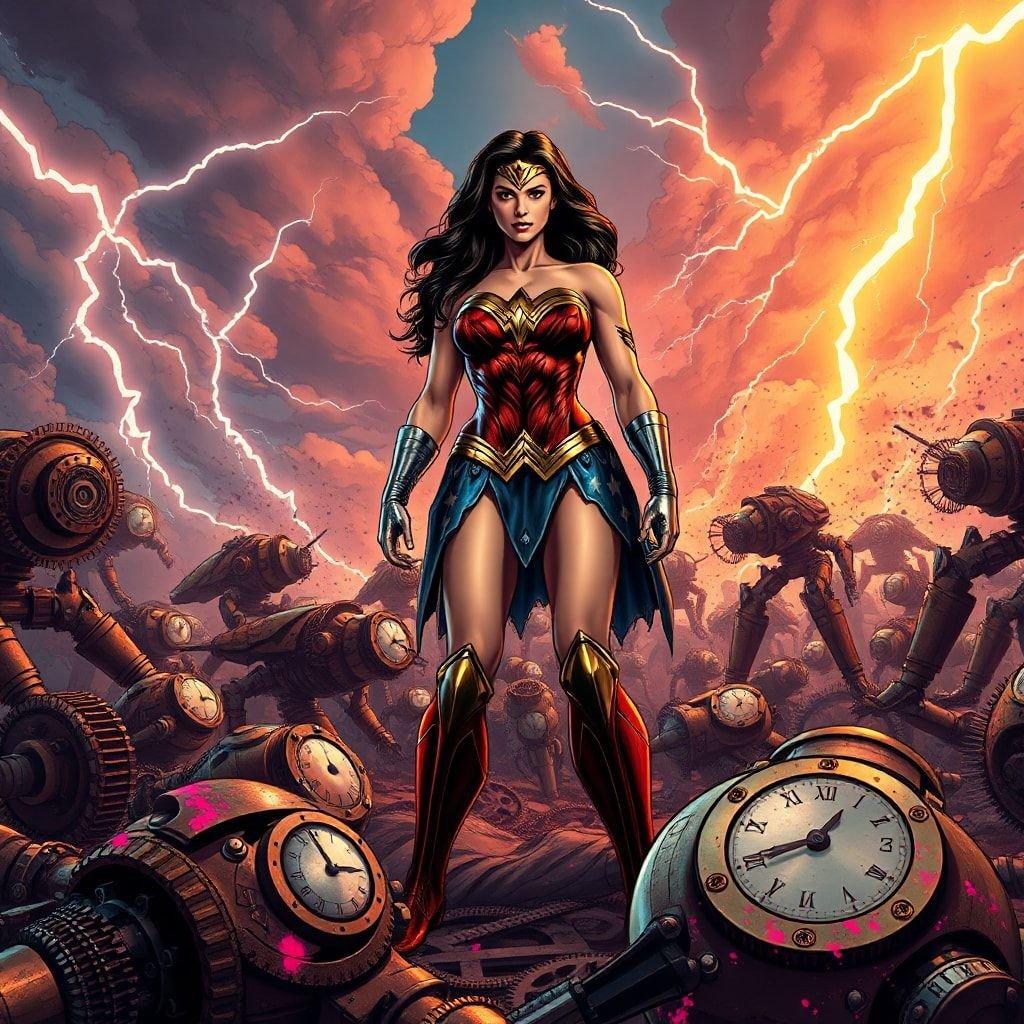 I denne episke tegneseriescene forsvarer Wonder Woman sig mod en hær af metaldroner. Bevæbnet med sit Sandhedens Snor og sin guddommelige styrke står hun resolut midt i kaos.