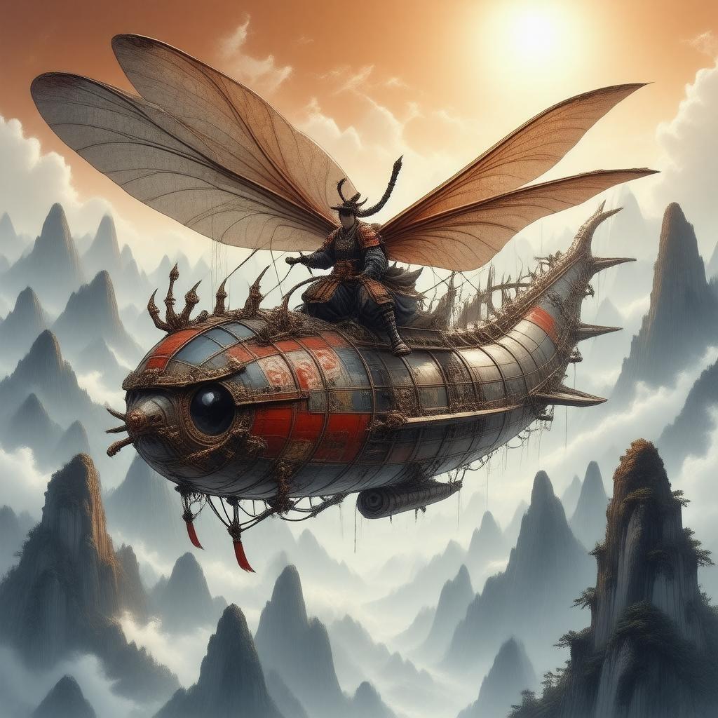 A stunning anime illustration of a samurai riding a dragonfly-shaped airship, soaring through a misty mountain range.