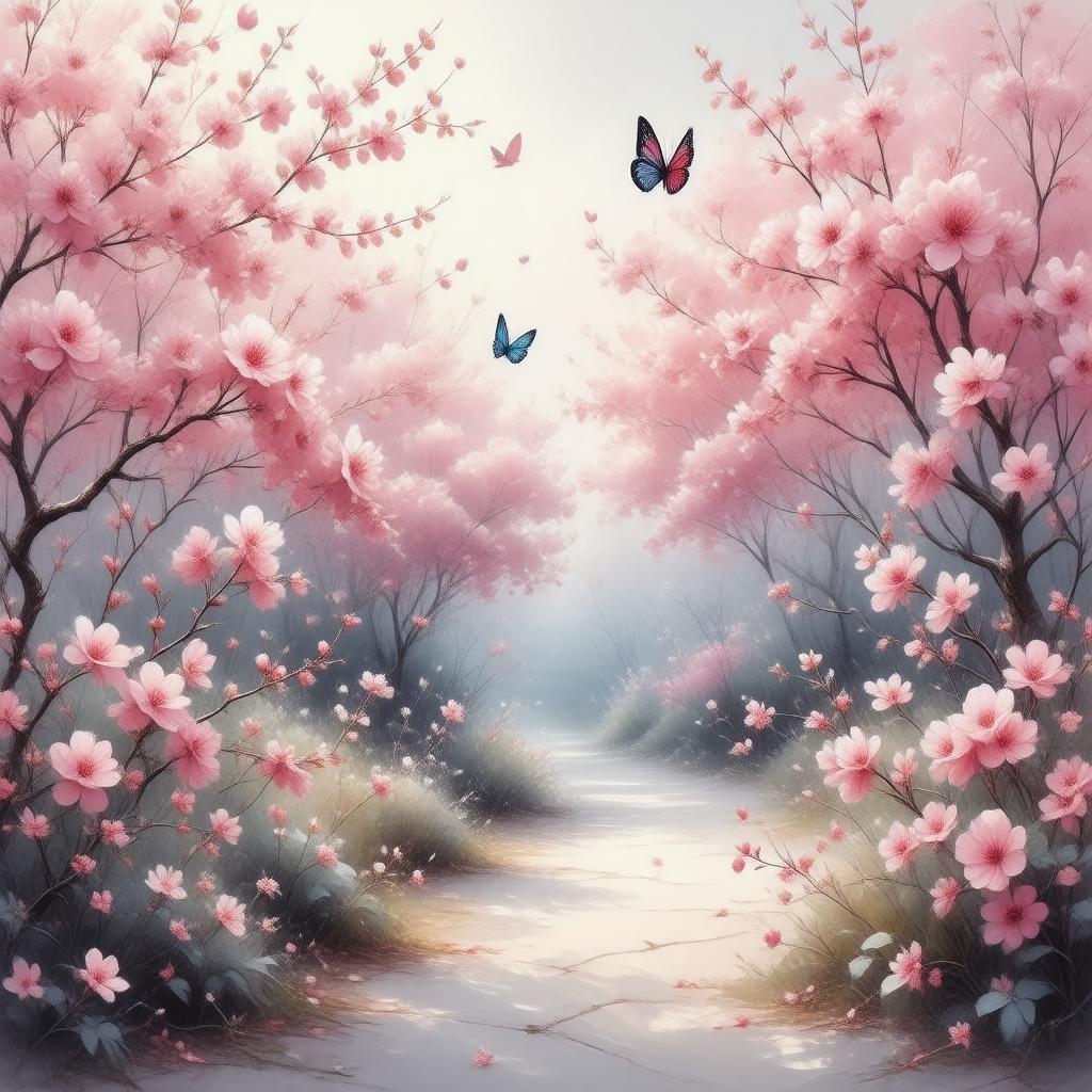 Immerse yourself in the serene beauty of this anime-style illustration, where a lush garden of pink cherry blossoms is bathed in soft light, surrounded by delicate pink flowers and fluttering butterflies.