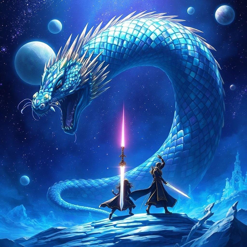 This anime-style wallpaper features a dramatic battle between a solitary figure in black and gold armor and a gigantic serpent. The serpent's body is a stunning display of blues, purples, and greens, while the figure's sword and armor command attention. The deep blue background, complete with stars and planets, adds an ethereal touch to the scene.