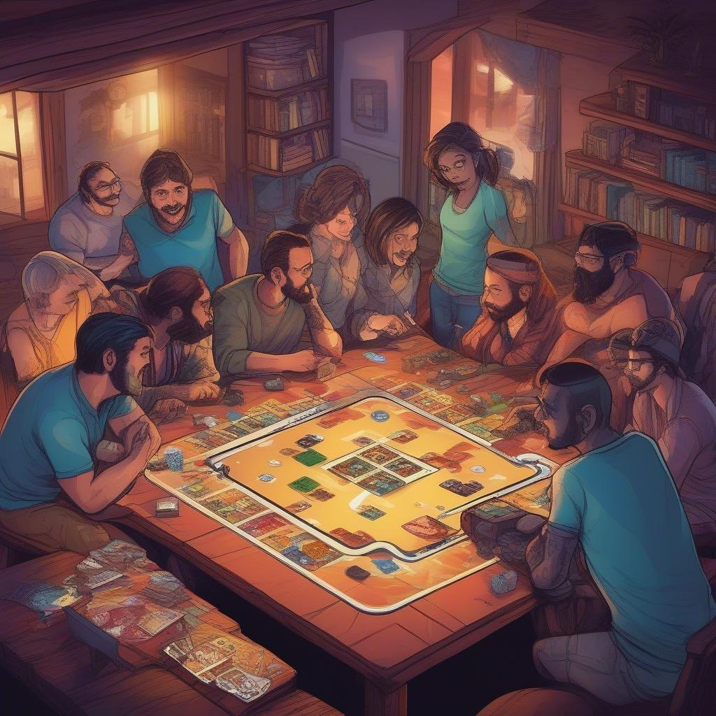 Um grupo de amigos imerso em uma animada noite de jogos, reunidos em volta da mesa com as mãos nos dados. A atmosfera é quente e acolhedora, típica de encontros amigáveis.