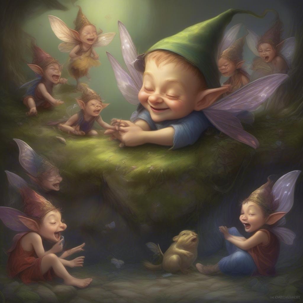 A playful scene with a mischievous baby fairy, surrounded by his joyful siblings. A magical desktop or mobile wallpaper for all fantasy lovers.