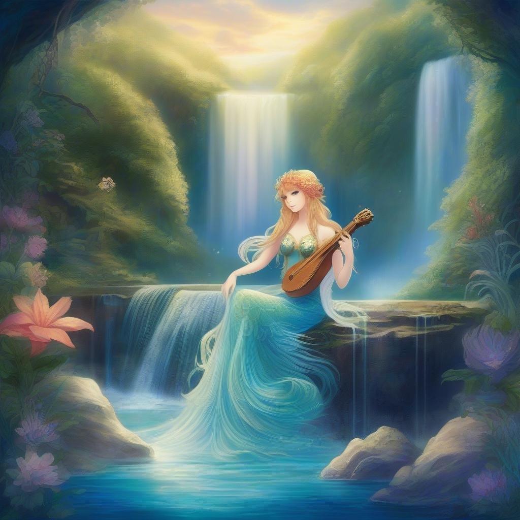 A serene anime scene of a mermaid playing her harp, surrounded by the beauty of nature.