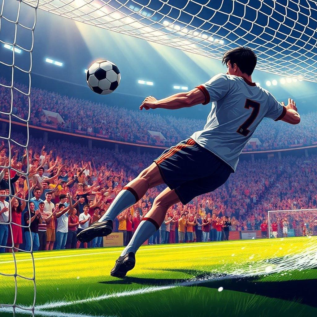 A male soccer player in mid-action, striking the ball against a goal net. The crowd watches with anticipation as this thrilling moment unfolds.