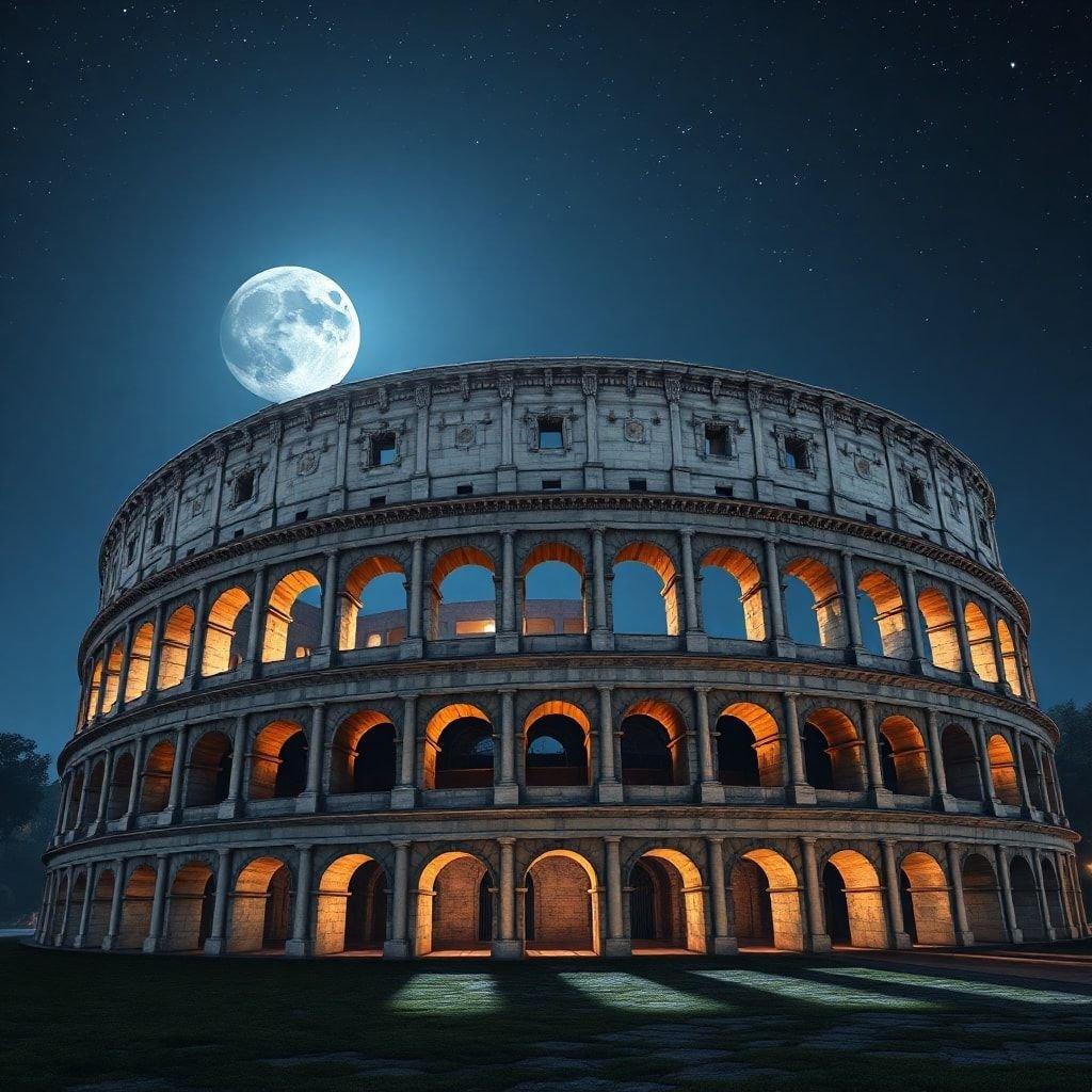 Experience the grandeur of the ancient city under a night sky adorned with the full moon. The majestic Colosseum stands as a testament to Rome's historical magnificence.