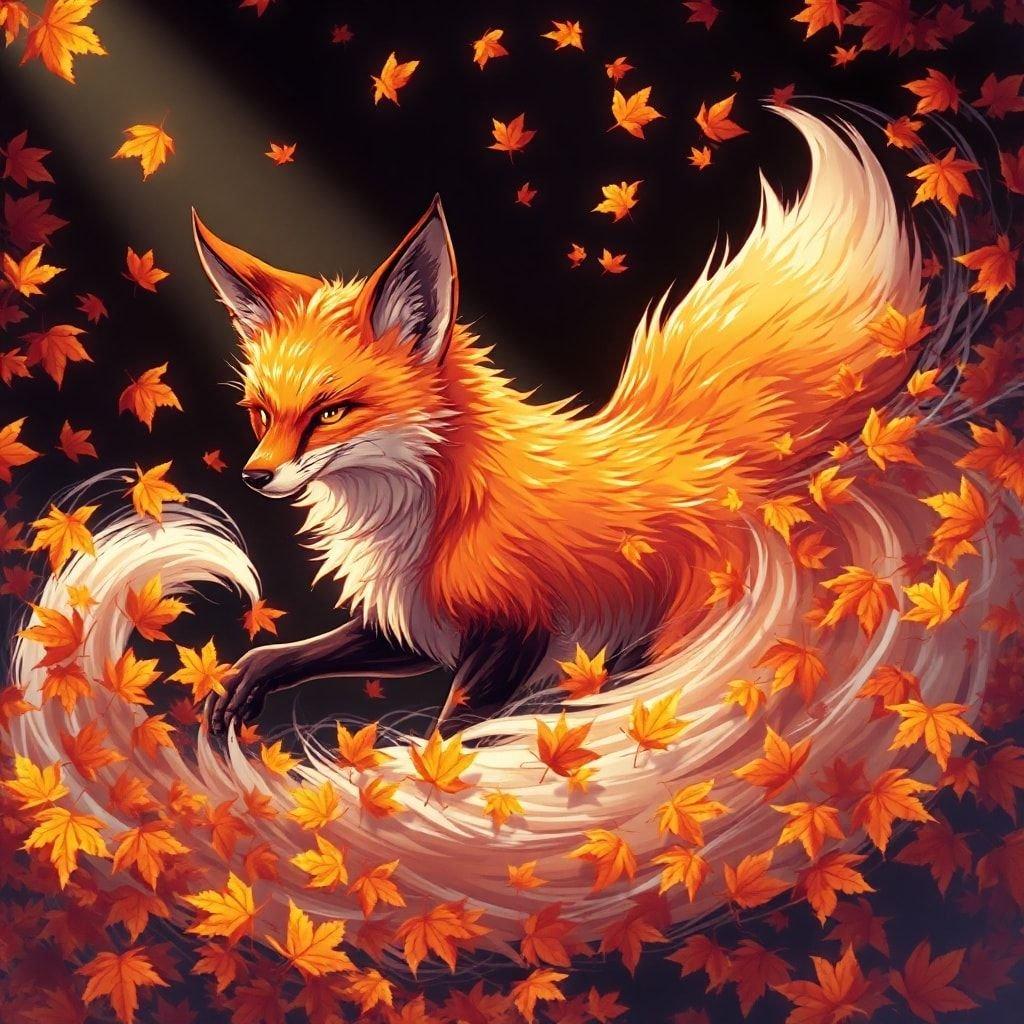 This anime-style illustration features a fox spirit surrounded by swirling autumn leaves, creating a captivating and immersive scene. The focus is on the fox's vibrant orange and yellow fur, set against a dark background that adds depth and contrast to the image.