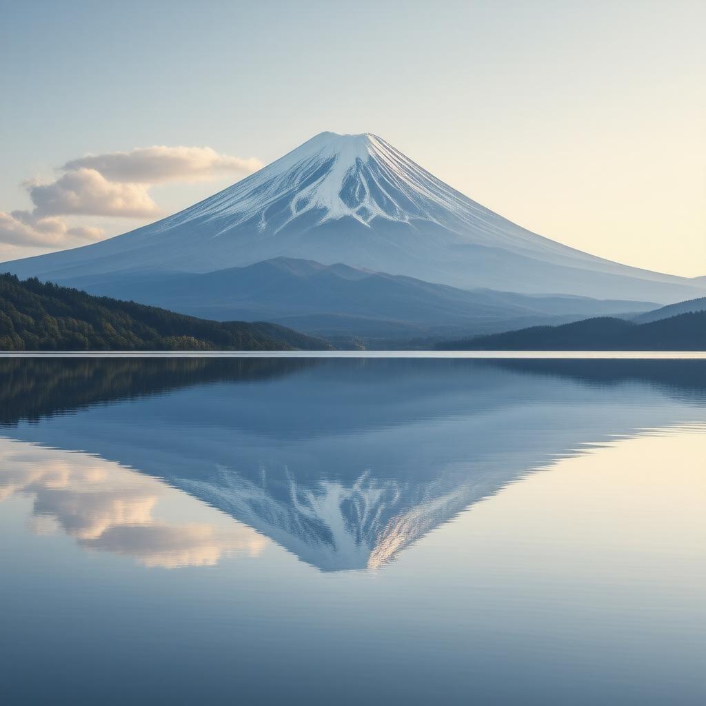 沉浸在这幅动漫风格壁纸的宁静之美中，画面中雄伟的富士山在平静的湖面上完美倒影，周围是高耸的山脉，映照着水的宁静。