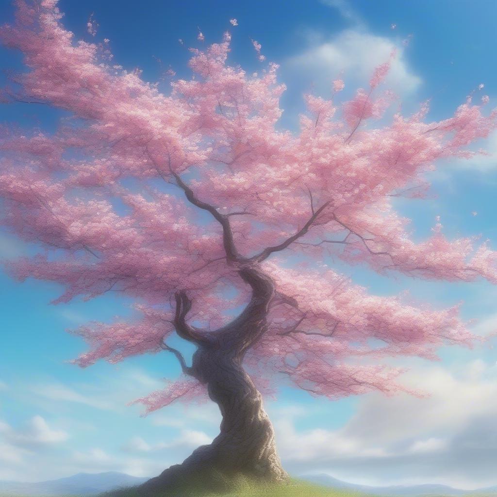 This digital artwork captures the essence of springtime, with its vibrant pink cherry blossoms set against a serene blue sky. The detailed tree trunk and foliage provide a touch of nature's beauty that is perfect for any desktop or mobile device under the category of 'Flowers'.