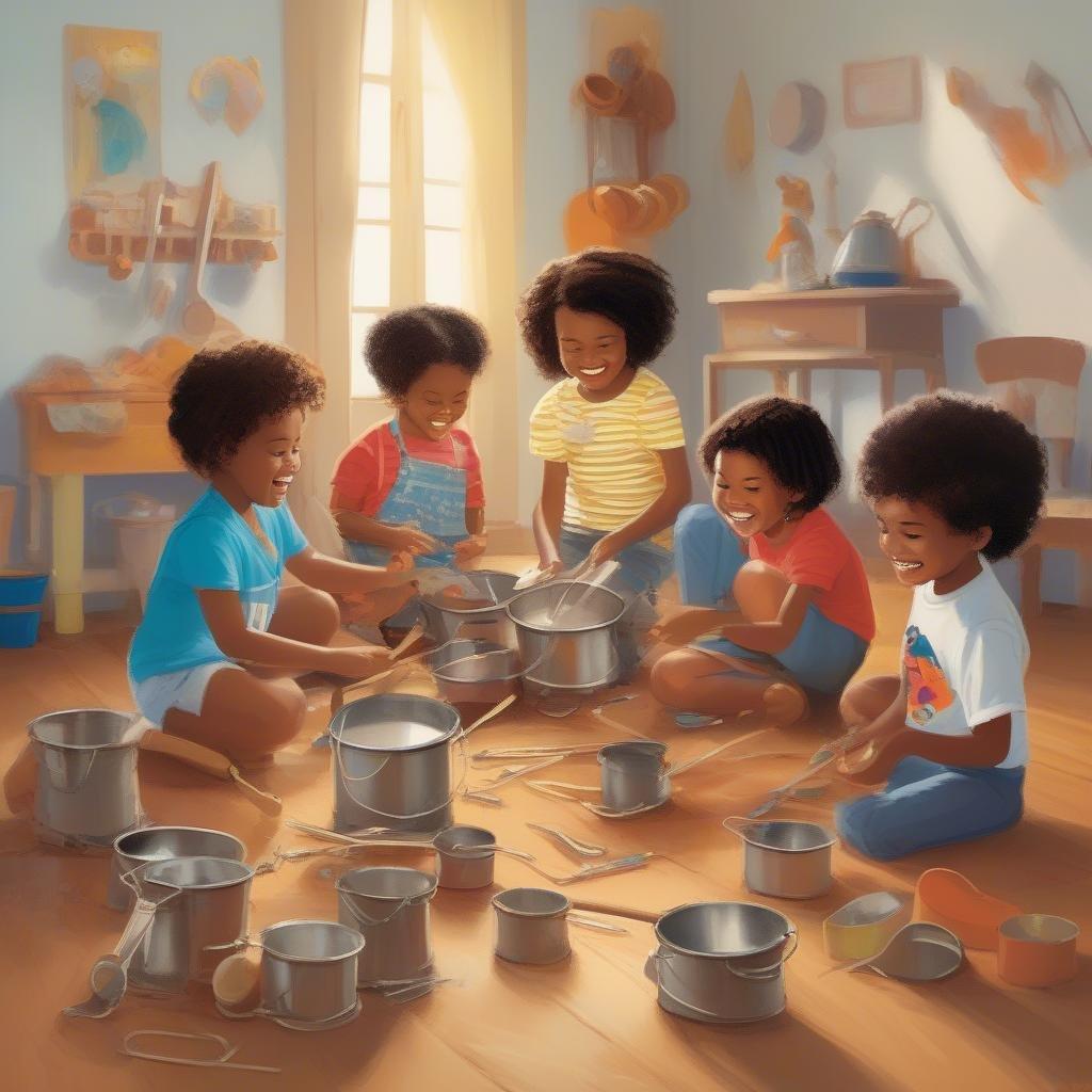 This image is a perfect representation of the joy and creativity of childhood, with kids playing with pots and pans in a colorful and lively setting.