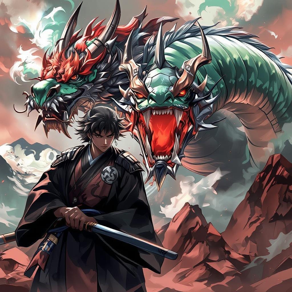 This stunning anime wallpaper features a young samurai standing on a mountainous terrain, with a majestic dragon in its roaring mouth. The scene is set against a backdrop of green and brown hues, with the dragon's head and tail adding a pop of color and contrast.