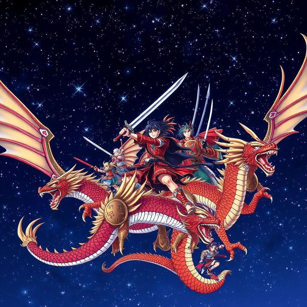 This anime illustration showcases a group of samurai warriors riding dragons across a starry night sky, exuding a sense of movement and energy.