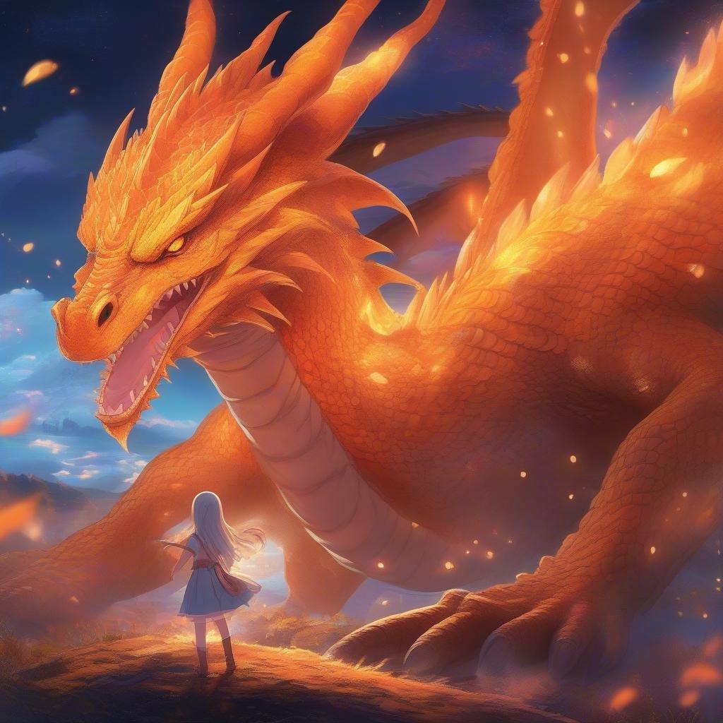 En esta cautivadora ilustración de anime, una joven se enfrenta a una criatura colosal parecida a un dragón, cu scales naranjas y amarillas brillando en la luz vibrante. La escena está en llamas con luces intermitentes, creando una atmósfera etérea que sumerge al espectador en el mundo fantástico.