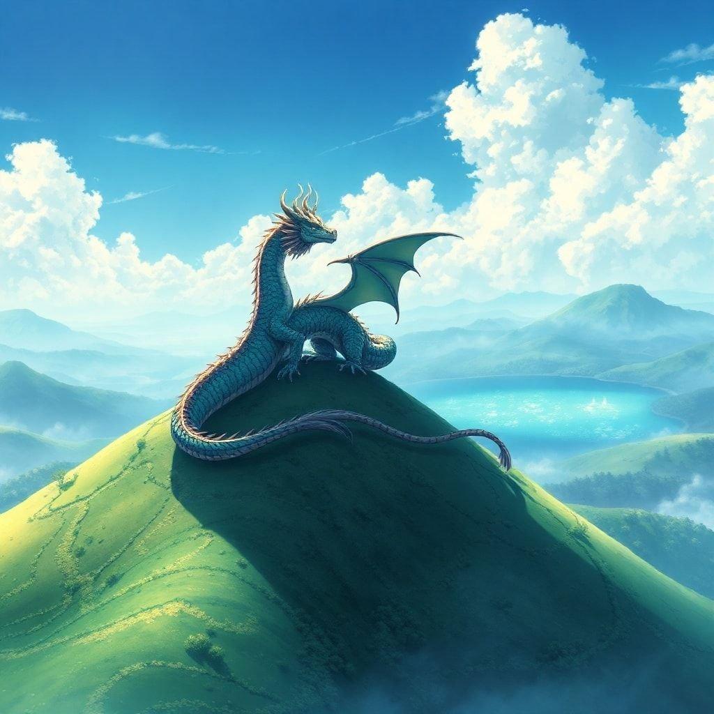 Immerse yourself in the serene beauty of this anime-style dragon wallpaper, where a majestic creature sits atop a hill, gazing out at a tranquil lake, surrounded by lush greenery and a misty blue sky.