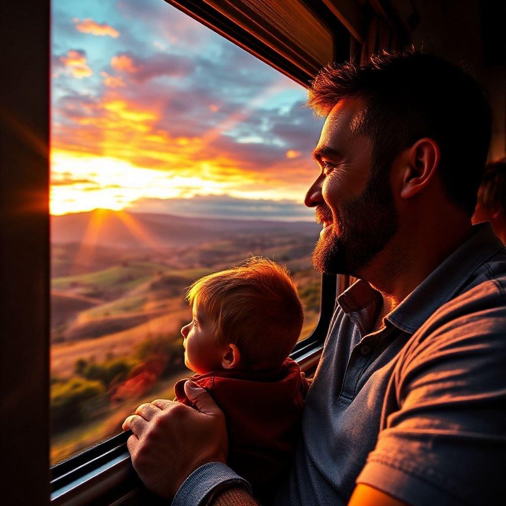 A heartwarming scene of a father and son gazing out at a breathtaking sunset, capturing the essence of a special moment shared between generations.