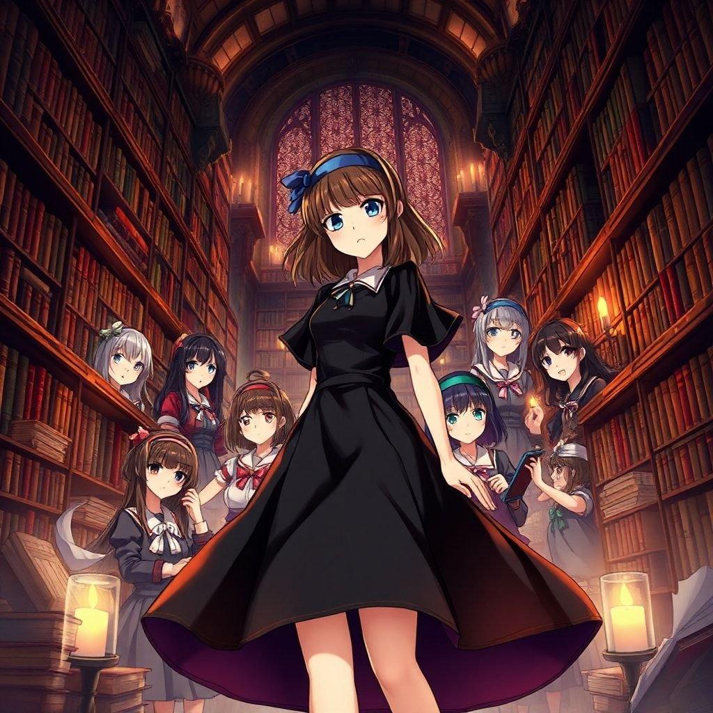 Tauchen Sie ein in die bezaubernde Welt des Anime mit diesem fesselnden Bibliotheks-Hintergrundbild. Die zentrale Figur, eine Frau in einem schwarzen Kleid mit einem roten und einem blauen Haarband, umgeben von einer Gruppe von Schulmädchen, schafft ein Gefühl von Geheimnis und Intrige. Die mystische Bibliothek, gefüllt mit Bücherregalen, trägt zur Atmosphäre von Wunder und Entdeckung bei.