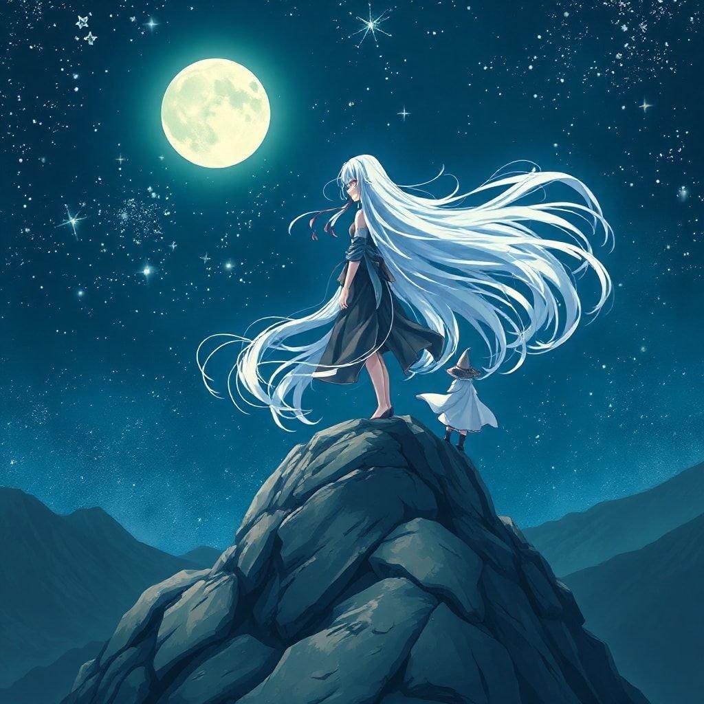 This anime-style wallpaper features a young girl with long, flowing hair standing on a mountain under the light of the moon. The illustration captures a moment of tranquility, with the girl's hair and the night sky creating a striking contrast. The small figure in a white cloak and hat adds a whimsical touch to the scene, making it a unique and captivating piece.