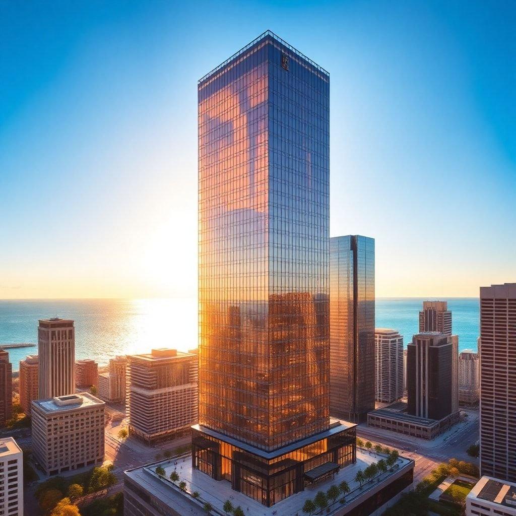 A tall, modern skyscraper stands out against the skyline at sunrise or sunset. It's a symbol of contemporary urban architecture.