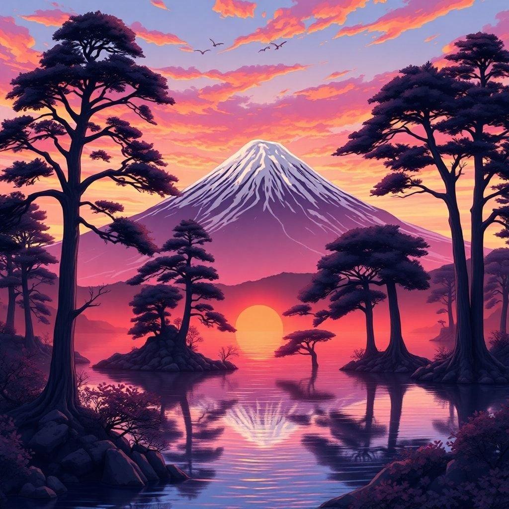 Immerse yourself in the tranquil beauty of this anime-style illustration, where Mount Fuji stands majestically above a serene lake, surrounded by towering trees and a breathtaking sunset sky.