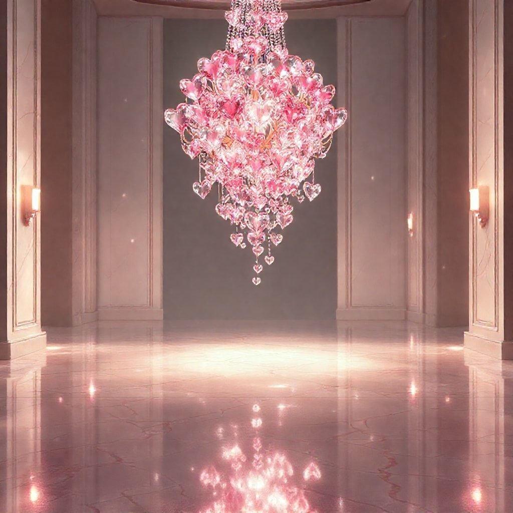 This stunning wallpaper captures the essence of Valentine's Day, featuring a beautiful chandelier adorned with pink hearts and crystals. The perfect blend of elegance and romance, it's sure to add a touch of love to any room.