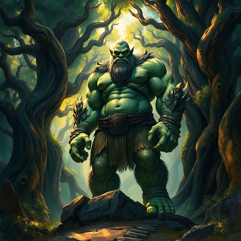 In the heart of the forest, where the trees whisper secrets, stands a guardian. A gruff orc warrior, with muscles bulging and a beard that speaks volumes about his battles fought, he is a sight to behold. His eyes blaze with an unyielding spirit, reflecting the light of the setting sun as it dances through the treetops above him.