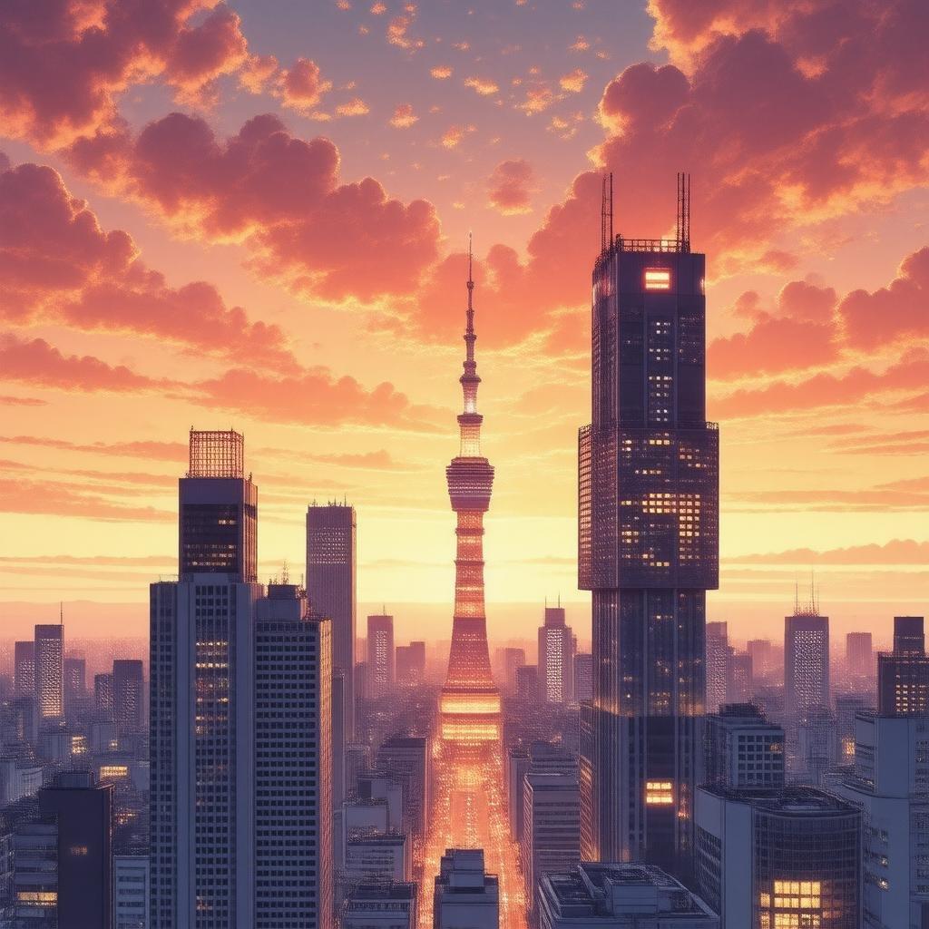 This stunning wallpaper showcases a breathtaking anime-style Tokyo skyline at sunset, with a vibrant, colorful cityscape featuring towering buildings and a glowing orange and yellow sky.