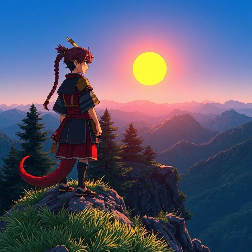 Questo sfondo in stile anime presenta un giovane samurai in piedi sulla cima di una montagna, che osserva il tramonto mozzafiato. La coda rossa e la coda gialla del samurai aggiungono un tocco di colore alla scena, mentre gli alberi e l'area erbosa davanti a lui creano un senso di profondità e texture. Il cielo blu senza nuvole e le maestose montagne sullo sfondo rendono questa immagine una rappresentazione straordinaria della bellezza della natura.