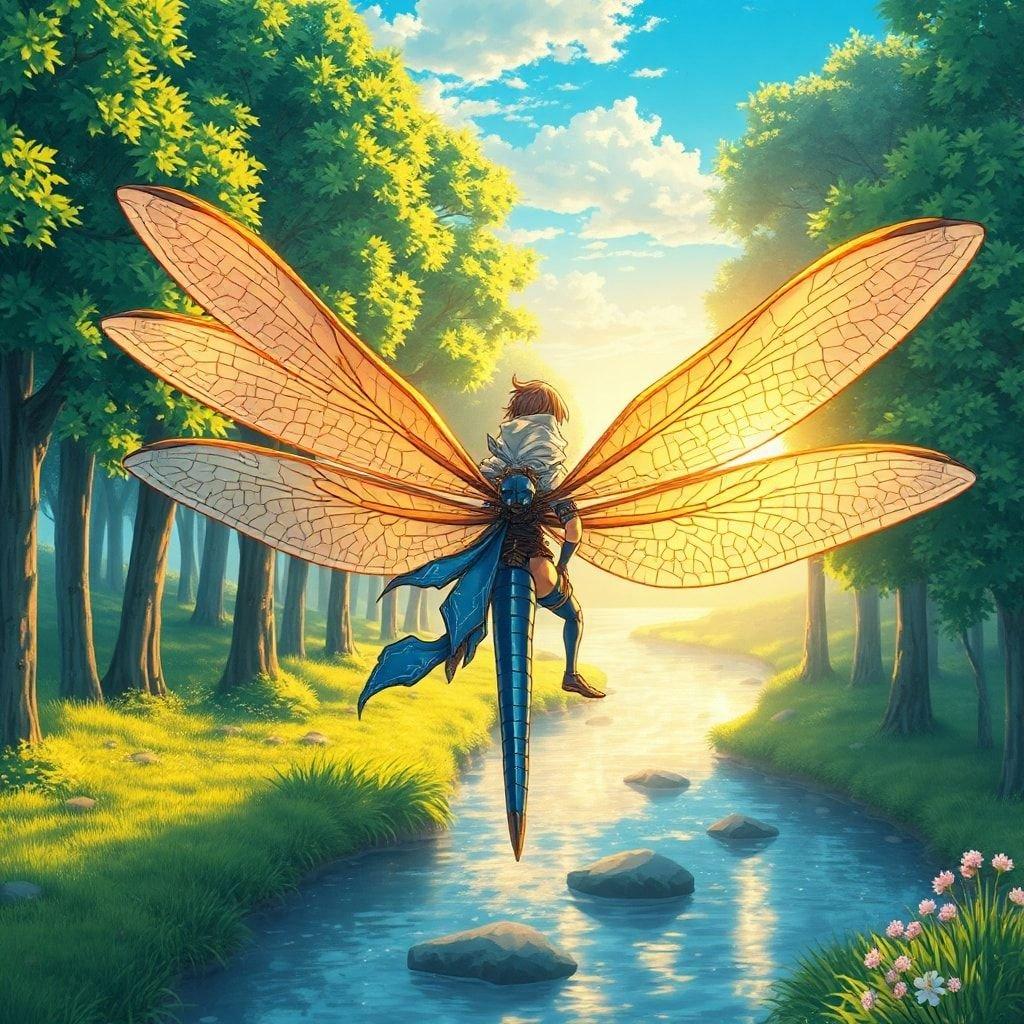 This anime illustration features a young warrior riding on the back of a giant dragonfly, set against a dreamy landscape with tall trees and a river. The figure, with a blue and white body, is surrounded by a serene environment, creating an illusion of movement. The illustration captures a moment of tranquility, with the dragonfly's wings in a state of stillness.