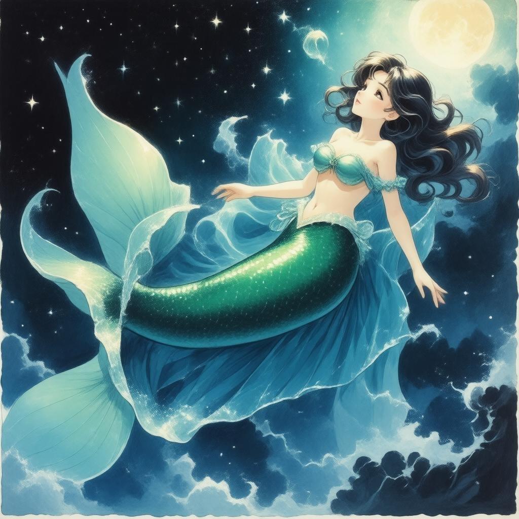 A beautiful anime-style mermaid floating in the night sky, surrounded by stars and a dark background.