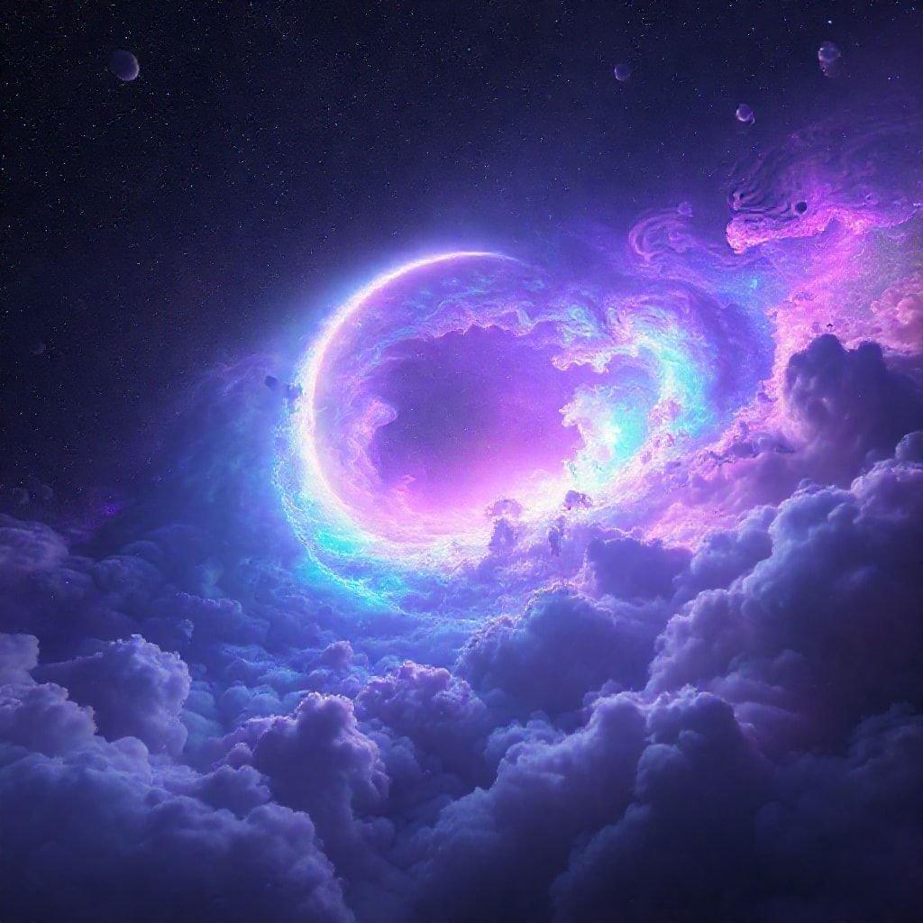 This stunning wallpaper features a breathtaking galaxy nestled among fluffy clouds, creating a mesmerizing visual effect that will transport you to another world.