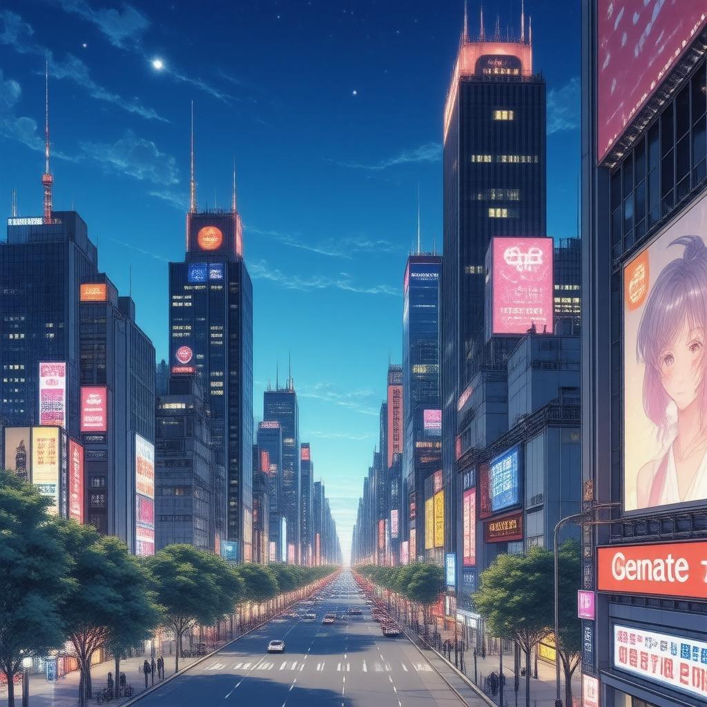 Immerse yourself in the vibrant world of anime with this stunning cityscape wallpaper. Towering skyscrapers and holographic advertisements create a futuristic ambiance, set against a deep blue evening sky.