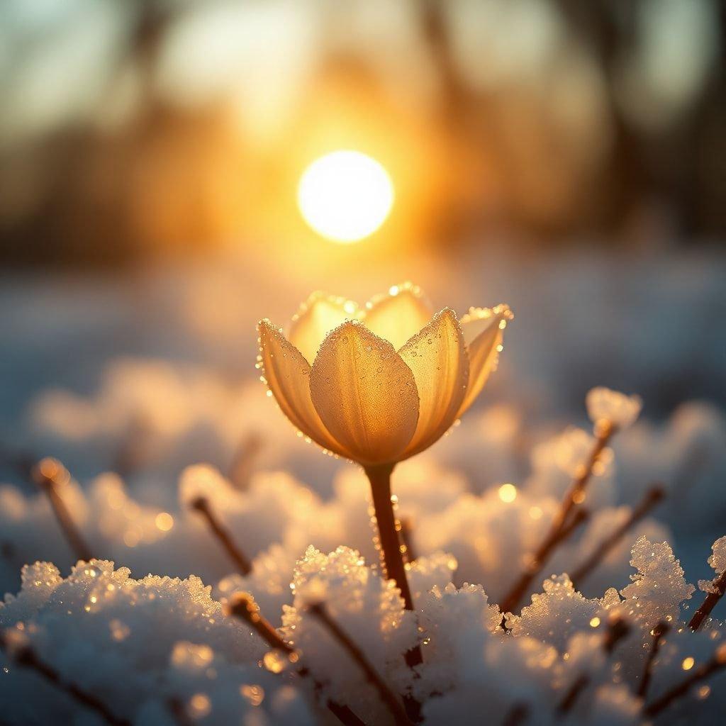 Uma cena de inverno serena onde uma única flor floresce em meio à suave neve, enquanto o sol lança seu caloroso brilho sobre o solo congelado.