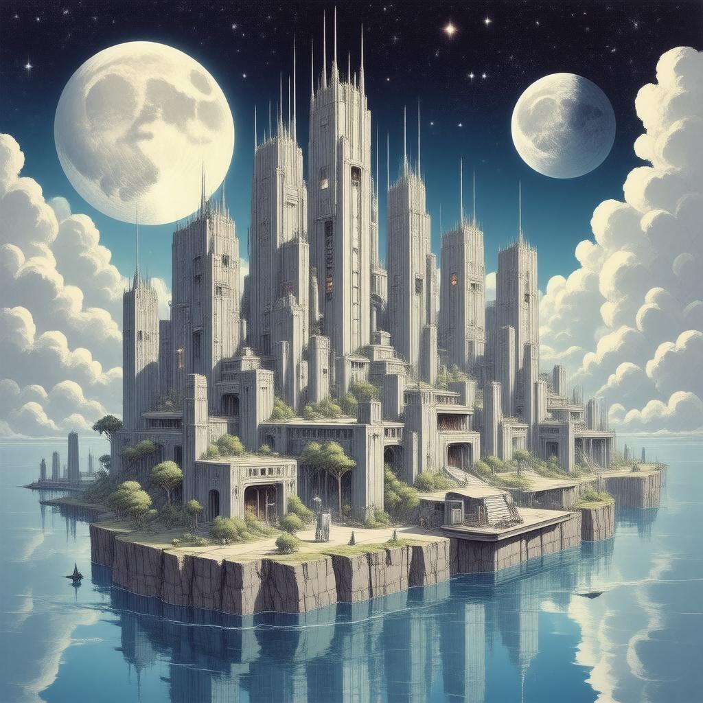 Immerse yourself in the vibrant world of anime with this stunning futuristic city wallpaper. The towering skyscrapers and intricate architecture are set against a starry night sky, complete with a large moon and stars. A floating island and small boat in the foreground add a sense of scale to this anime-inspired image.