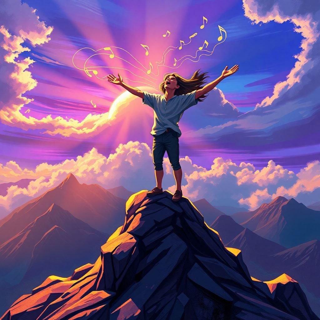 The artist is joyfully embracing the harmony of music and nature, standing triumphantly atop a rocky outcrop with sunlit clouds swirling behind.