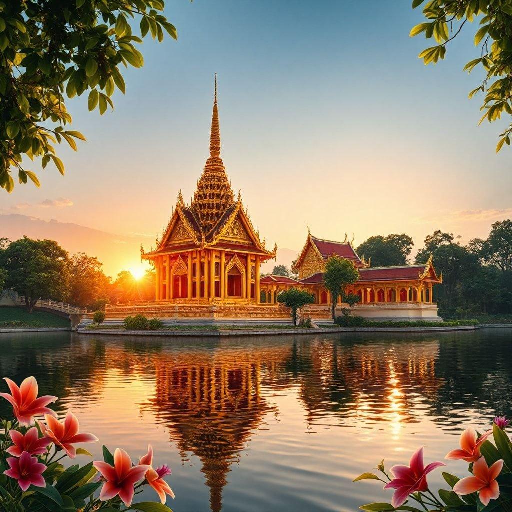 This beautiful image captures the serene beauty of a traditional Thai temple, with its intricate architecture and stunning surroundings. The temple's golden spire and ornate details are reflected perfectly in the calm waters of the lake, creating a sense of peace and tranquility.