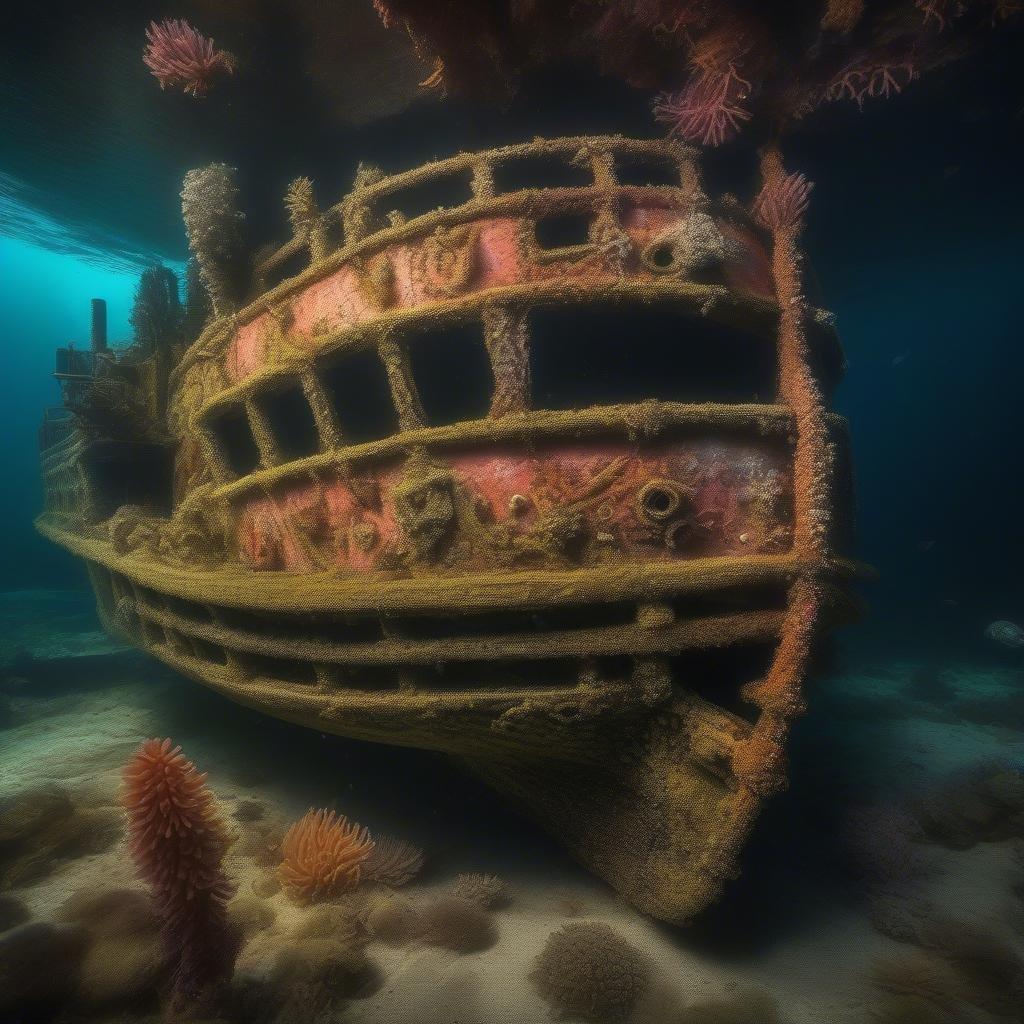 Cette image capture la beauté de l'océan et ses profondeurs mystérieuses. Le navire coulé, recouvert de corail et d'anémones, est un témoignage de la puissance de la nature. Les couleurs vives de la vie marine et l'éclairage doux créent un sentiment de sérénité et d'émerveillement.