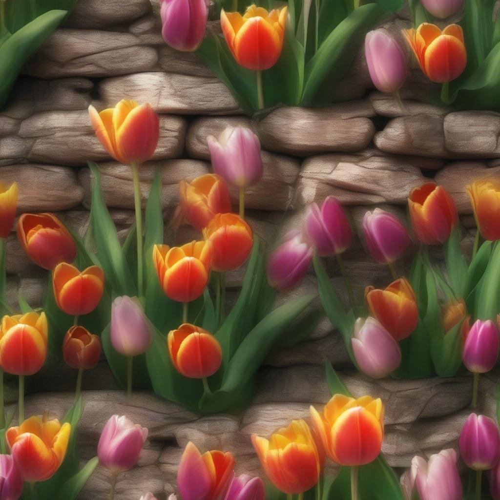 Un papier peint floral vibrant avec des tulipes fleurissant sur un mur en pierre. Parfait pour ajouter une touche de printemps à votre bureau numérique ou à votre appareil mobile.