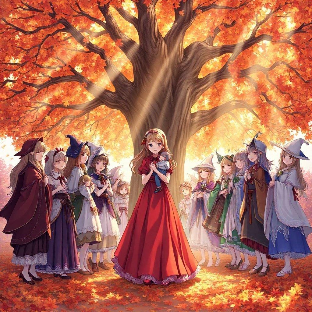 This enchanting anime illustration features a group of girls in magical attire gathered around a large tree with a glowing academie, set against the backdrop of autumn foliage.